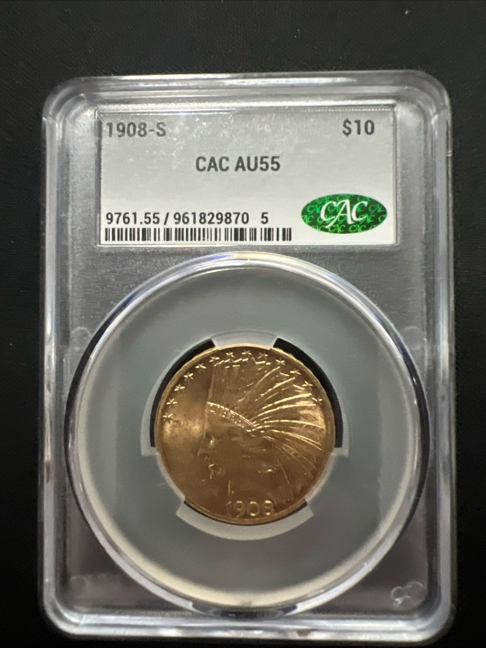 1908-S $10 Indian Head Gold Eagle Coin Certified CAC AU55 San Francisco Low Mint